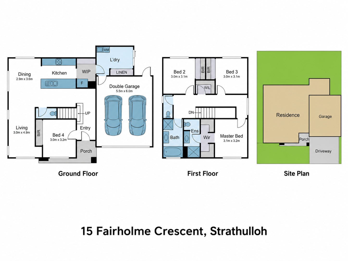 Architectural floor plan and site plan for 15 Fairholme Crescent